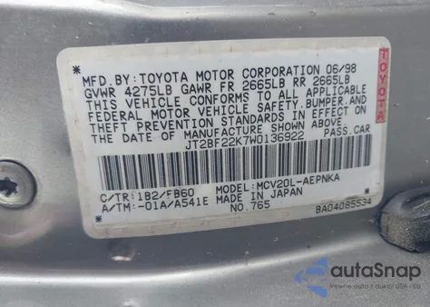 1998 Toyota Camry Le V6 из США, поврежденный, VIN JT2BF22K7W0136922